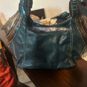 Kathy Van Zeeland Teal and Brown Shoulder Bag